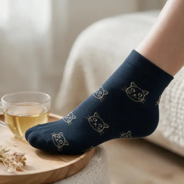 Oemen  Γυναικείες Βαμβακερές fashion κάλτσες μέχρι τον αστράγαλο No35-41 μαύρες με σχέδιο χρυσές γατούλες MY9002 BLACK