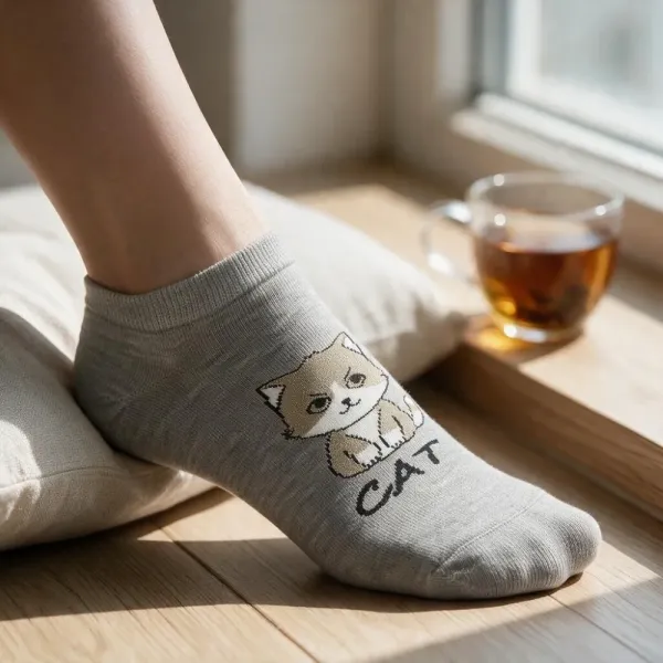 Oemen  Γυναικείες Βαμβακερές fashion κάλτσες μέχρι τον αστράγαλο No35-41 γκρί με χρυσό σχέδιο γάτα  MY9002 CAT GREY