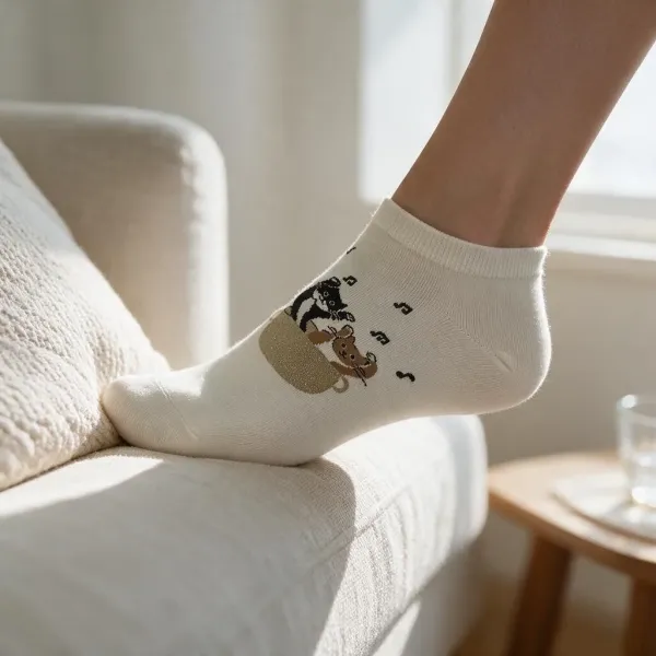 Oemen  Γυναικείες Βαμβακερές fashion κάλτσες μέχρι τον αστράγαλο No35-41 λευκές με σχέδιο γάτες  MY9003 CATS DANCING
