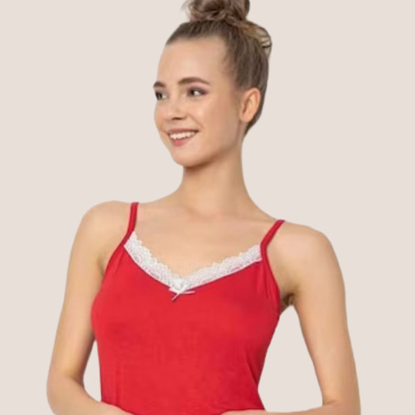 Cagri Γυναικείο Βαμβακερό Νυχτικό με Ιβουάρ δαντέλα στο μπούστο 1410 Κόκκινο Red