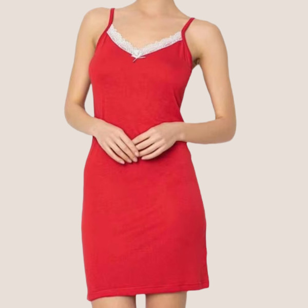 Cagri Γυναικείο Βαμβακερό Νυχτικό με Ιβουάρ δαντέλα στο μπούστο 1410 Κόκκινο Red