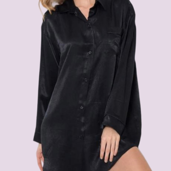 Aruelle Γυναικεία  νυχτικιά πουκαμίσα μακρυμάνικη μαύρη σατέν DOMINIQUE NIGHTDRESS BLACK