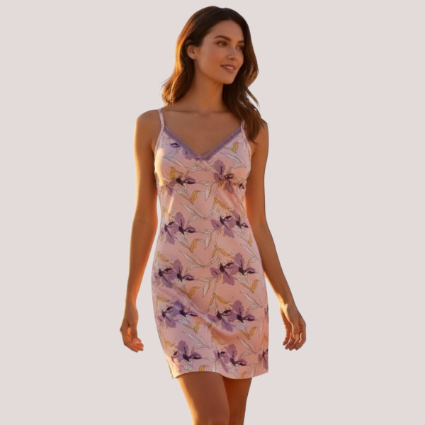 Modalove Γυναικείο  Νυχτικό με Τιραντάκι Κοντό Viscose Βισκόζη Ροζ  με λουλουδάκα μωβ κίτρινα & λευκά 700220