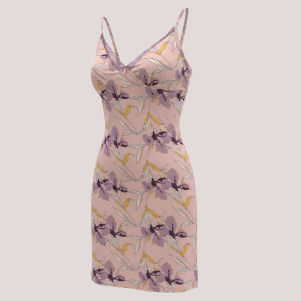 Modalove Γυναικείο  Νυχτικό με Τιραντάκι Κοντό Viscose Βισκόζη Ροζ  με λουλουδάκα μωβ κίτρινα & λευκά 700220