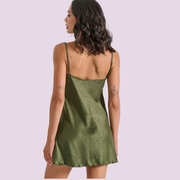 Milena by Paris Γυναικείο σατέν νυχτικό Σετ χακί Ζακάρ & String δώρο Ιδανικό για δώρο 003429 Nightdress 