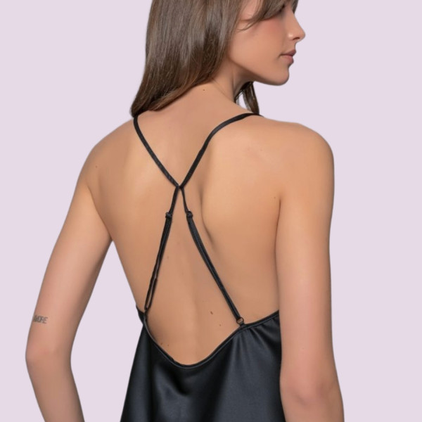 Milena by Paris Γυναικείο μακρύ σατέν νυχτικό Μαύρο με χιαστί πλάτη ρυθμιζόμενη & String δώρο Ιδανικό για δώρο 003449 Nightdress 