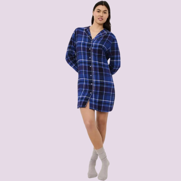 Triumph Boyfriend NDW 01  X Checks Γυναικείo Νυχτικό Μπλέ καρώ με κουμπιά 10225061 Μ008 Οργανικό βαμβάκι