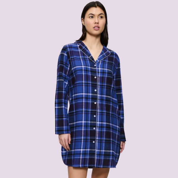 Triumph Boyfriend NDW 01  X Checks Γυναικείo Νυχτικό Μπλέ καρώ με κουμπιά 10225061 Μ008 Οργανικό βαμβάκι