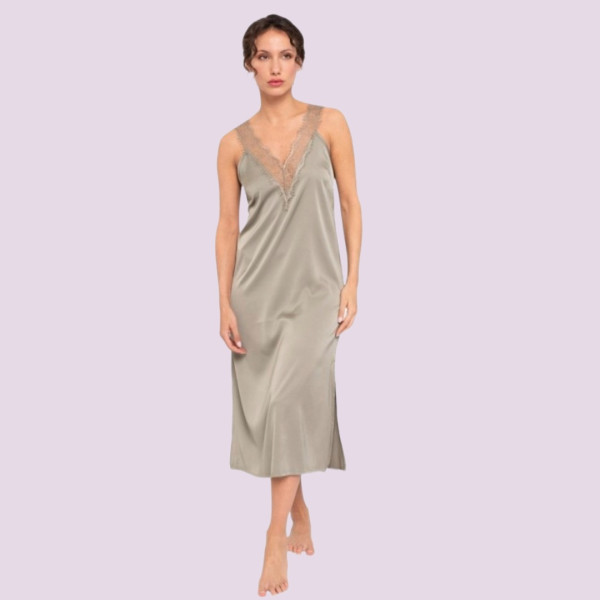 Muydemi Hello Dreamers Γυναικείo σατέν μακρύ νυχτικό χακί αμάνικο με δαντέλα  210049