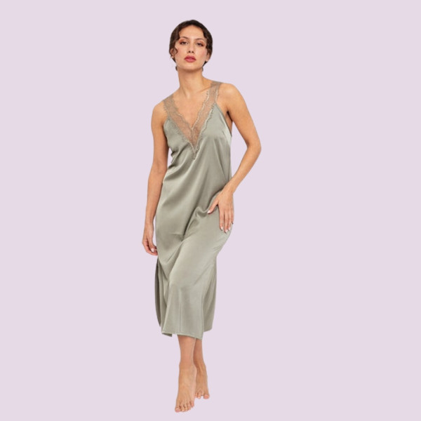 Muydemi Hello Dreamers Γυναικείo σατέν μακρύ νυχτικό χακί αμάνικο με δαντέλα  210049