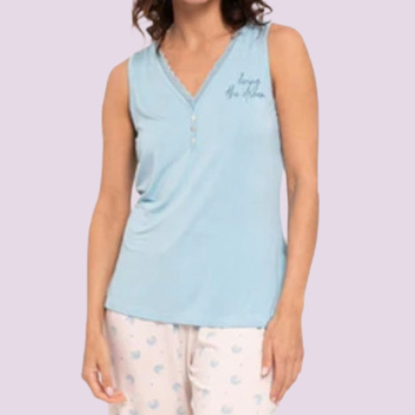 Muydemi Γυναικεία Modal πιτζάμα μπλέ αμάνικη μπλούζα με κάπρι ζαχαρί παντελόνι 210057 light blue