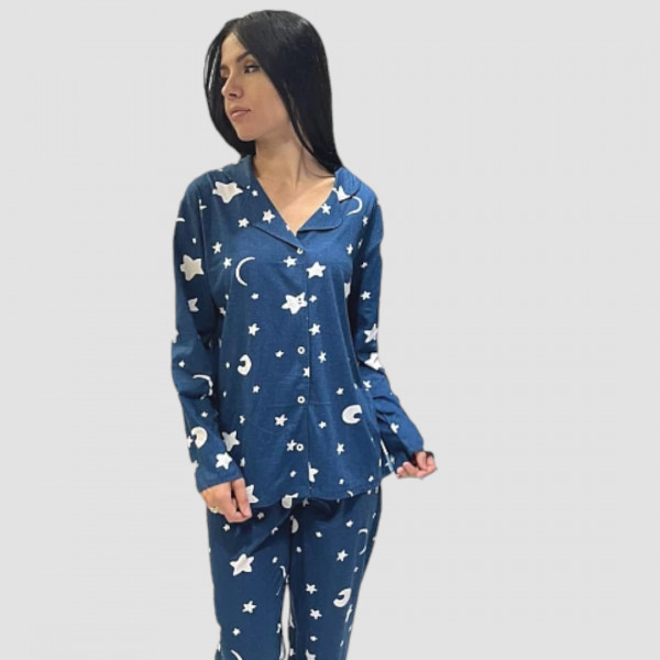 Eliz Γυναικεία Χειμερινή Βαμβακερή Λεπτή Πιτζάμα Plus Size Μπλέ με Κουμπιά και σχέδιο Φεγγάρια και Αστέρια 1301.15.Β