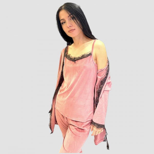 Eliz Γυναικεία Χειμερινή Βελούδινη Πιτζάμα Πολυτελείας Σετ 3τεμ Τοπ-Ρόμπα-Μακρύ Παντελόνι Ροζ Σκούρο 8750.10 και Plus Size