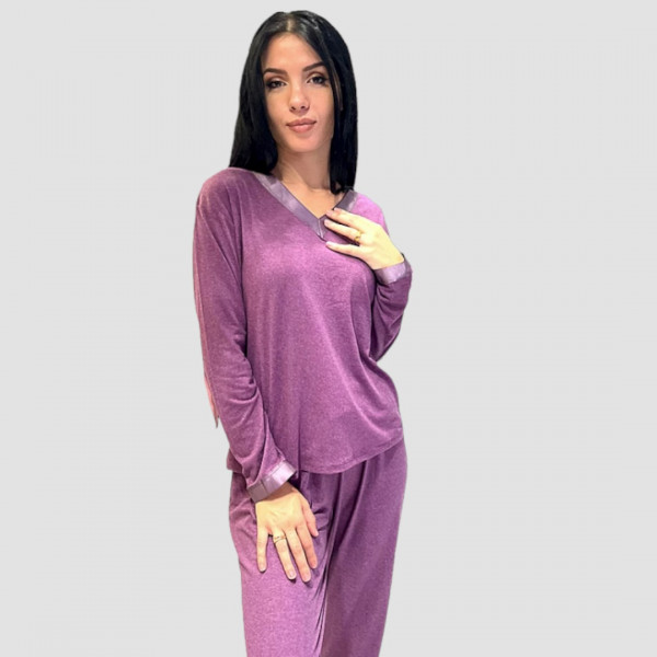 Eliz Γυναικεία Χειμερινή Πιτζάμα Πολυτελείας Wool Viscose Βισκόζη Μωβ -Purple με V λαιμόκοψη 8940.1