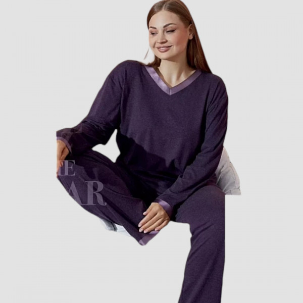 Eliz Γυναικεία Χειμερινή Πιτζάμα Πολυτελείας Wool Viscose Βισκόζη  Plus Size Μωβ -Purple με V 8940.7.B