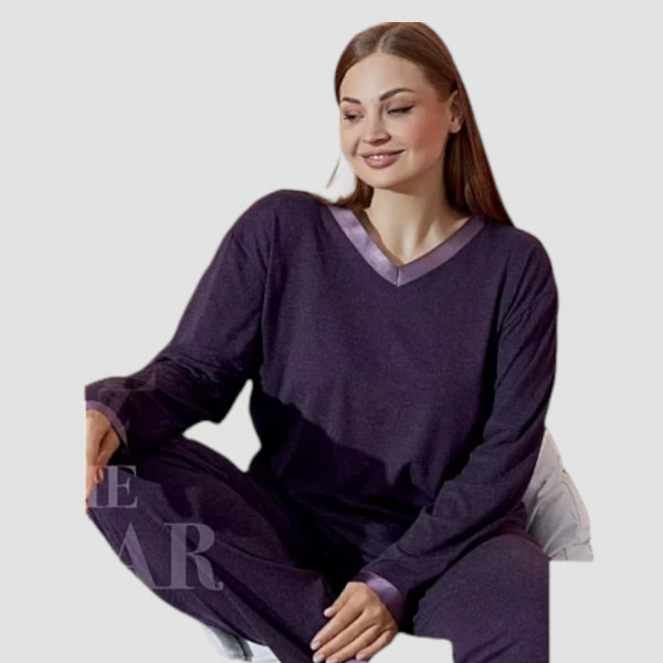Eliz Γυναικεία Χειμερινή Πιτζάμα Πολυτελείας Wool Viscose Βισκόζη  Plus Size Μωβ -Purple με V 8940.7.B