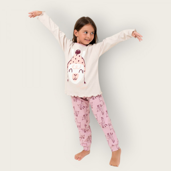 Happy Family Παιδική Βαμβακερή Πιτζάμα Χειμωνιάτικη για Κορίτσια Μπέζ και Ρόζ Lazy Llama PB-XHF780