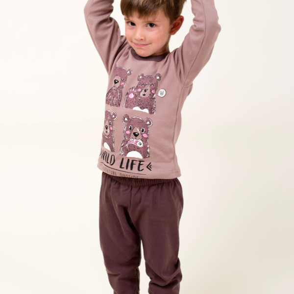 Happy Family Παιδική Βαμβακερή Πιτζάμα Χειμωνιάτικη για Μικρά Aγόρια Καφέ με Αρκουδάκια Wild Life AdventurePB-XHF775