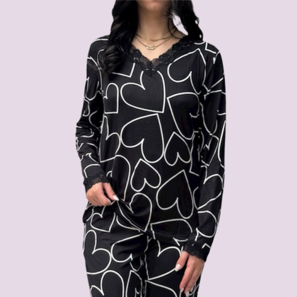 Γυναικεία Βαμβακερή Σκούρο Μπλέ ζεστή Πιτζάμα με V μπλούζα με δαντέλα & καρδιές & και μπλέ παντελόνι  613 Dark BLUE