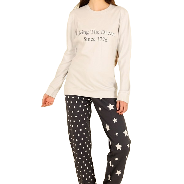 Happy Family Γυναικεία Βαμβακερή Πιτζάμα Χειμερινή στο χρώμα του Πάγου με Logo και Γκρί Πουά παντελόνι GB-XHF731