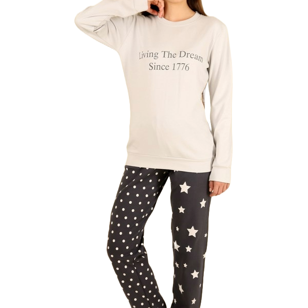 Happy Family Γυναικεία Βαμβακερή Πιτζάμα Χειμερινή στο χρώμα του Πάγου με Logo και Γκρί Πουά παντελόνι GB-XHF731