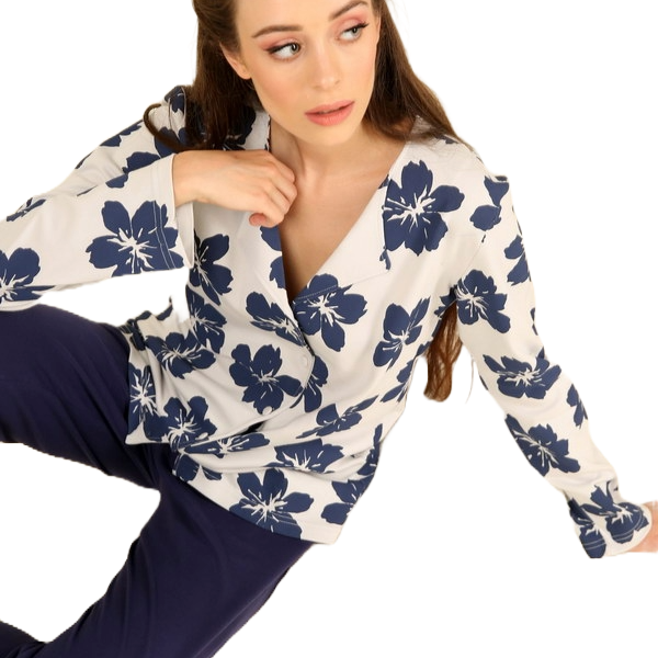 Happy Family Γυναικεία Βαμβακερή Πιτζάμα Χειμωνιάτικη χρώμα του Πάγου Με Μπλε Λουλούδια Κουμπιά  GB-XHF744