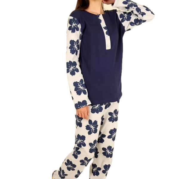 Happy Family Γυναικεία Βαμβακερή Πιτζάμα Χειμωνιάτικη Μπλέ σκούρο με Λουλούδια και 3 Κουμπιά  GB-XHF746