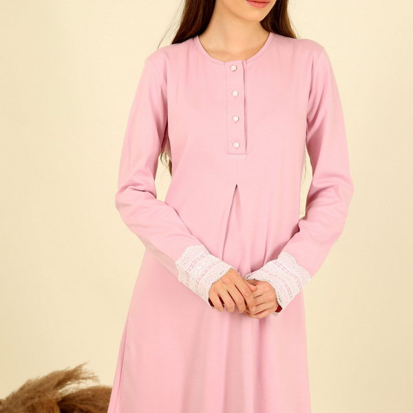 Happy Family Γυναικείο Βαμβακερό Χειμερινό Νυχτικό Ροζ χρώμα με Κουμπιά Πέρλες GB-XHF766