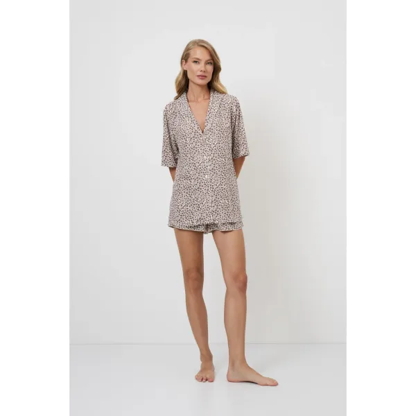 Aruelle Γυναικείο μπεζ Καλοκαιρινό Σετ 100% Viscose Babydoll με πουκαμισο & σορτς σχέδιo leopard Lumielle