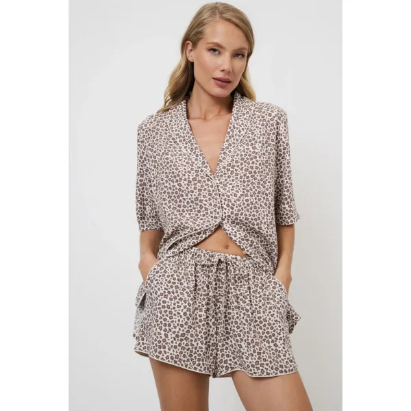 Aruelle Γυναικείο μπεζ Καλοκαιρινό Σετ 100% Viscose Babydoll με πουκαμισο & σορτς σχέδιo leopard Lumielle