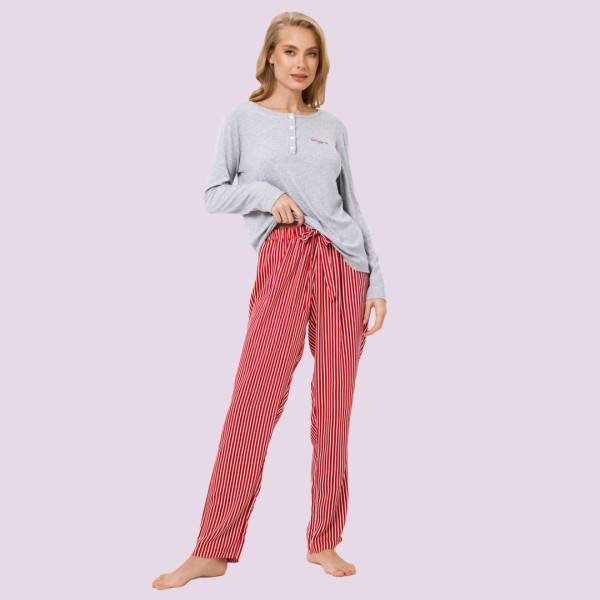 Aruelle Γυναικείό Σετ Πυτζάμα Γκρί ριπ top με κόκκινο ρίγα παντελόνι 100% Viscose Camy pajama long