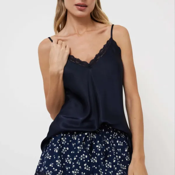 Aruelle Γυναικείο Καλοκαιρινό Σετ Πυτζάμα Babydoll τιραντάκι ρυθμιζόμενο και σορτς με λουλουδάκια  100% βισκοζη μπλέ σκουρο Camellia