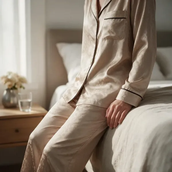 Caress γυναικεία Lingerie σατέν πιτζάμα ζακάρ με κουμπιά ιβουάρ & ίσιο παντελόνι CH069 Ivory