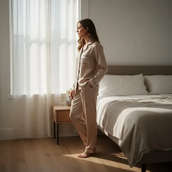 Caress γυναικεία Lingerie σατέν πιτζάμα ζακάρ με κουμπιά ιβουάρ & ίσιο παντελόνι CH069 Ivory