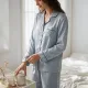 Caress γυναικεία Lingerie σατέν πιτζάμα ζακάρ με κουμπιά γκρί μπλέ & ίσιο παντελόνι CH069 Blue