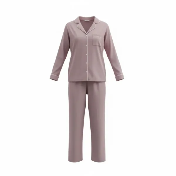 Γυναικεία Lingerie Ροζ dusty pink πιτζάμα micromodal με κουμπιά με ivory λεπτομέρειες & ίσιο παντελόνι RM3430 