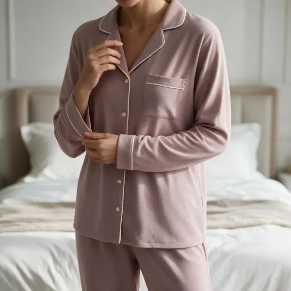 Γυναικεία Lingerie Ροζ dusty pink πιτζάμα micromodal με κουμπιά με ivory λεπτομέρειες & ίσιο παντελόνι RM3430 