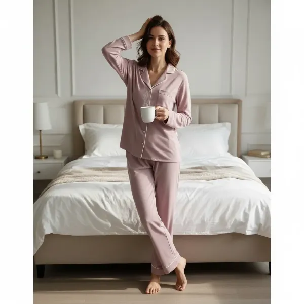Γυναικεία Lingerie Ροζ dusty pink πιτζάμα micromodal με κουμπιά με ivory λεπτομέρειες & ίσιο παντελόνι RM3430 