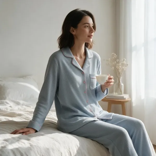 Caress γυναικεία Lingerie πιτζάμα  με κουμπιά γαλάζια με ανάγλυφες ροζ λεπτομέρειες & ίσιο παντελόνι E9221 Light Blue