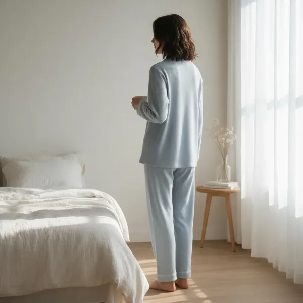 Caress γυναικεία Lingerie πιτζάμα  με κουμπιά γαλάζια με ανάγλυφες ροζ λεπτομέρειες & ίσιο παντελόνι E9221 Light Blue