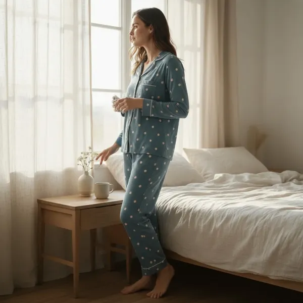 Γυναικεία Lingerie πιτζάμα  με κουμπιά μπλέ με πουά ροζ λεπτομέρειες & ίσιο παντελόνι RM3417 BLUE