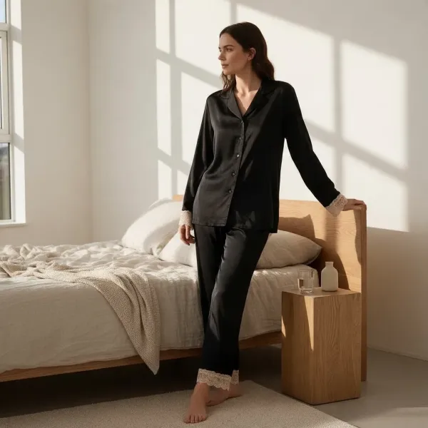 Γυναικεία Lingerie σατέν μαύρη πιτζάμα με σατέν κουμπιά & δαντέλα πολυτελείας στο τελείωμα & ίσιο παντελόνι DM7066 BLACK