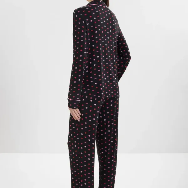 DKNY Γυναικείο set πιτζάμας viscose μαύρη με κόκκινα & ροζ χείλη πουκάμισο με κουμπιά &  παντελόνι ίσιο YI90084