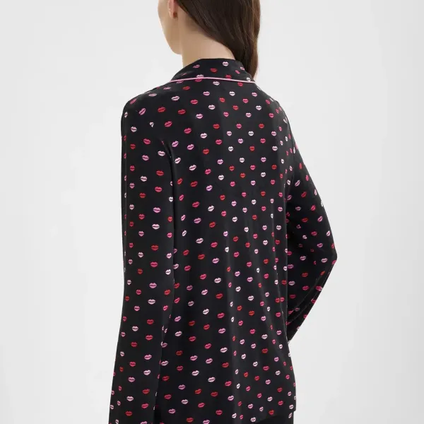 DKNY Γυναικείο set πιτζάμας viscose μαύρη με κόκκινα & ροζ χείλη πουκάμισο με κουμπιά &  παντελόνι ίσιο YI90084