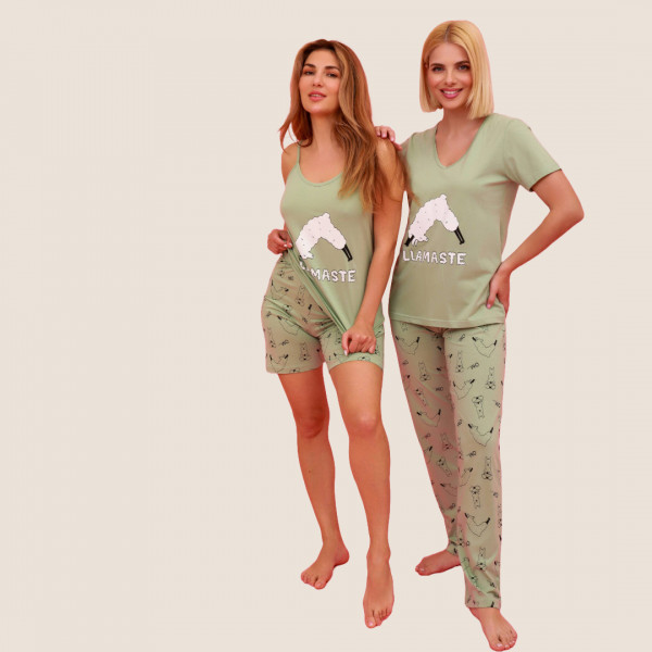 Happy Family Γυναικείο Βαμβακερό Καλοκαιρινό Set Πιτζάμας με σορτς Πράσινο χρώμα σχέδιο Llama GB-KHF800