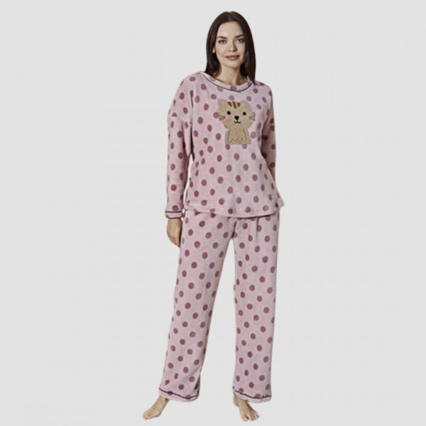 Eliz Γυναικεία Χειμερινή Fleece Πυτζάμα Ροζ με φανταστικό σχέδιο Λιονταράκι και βούλες 8897.3