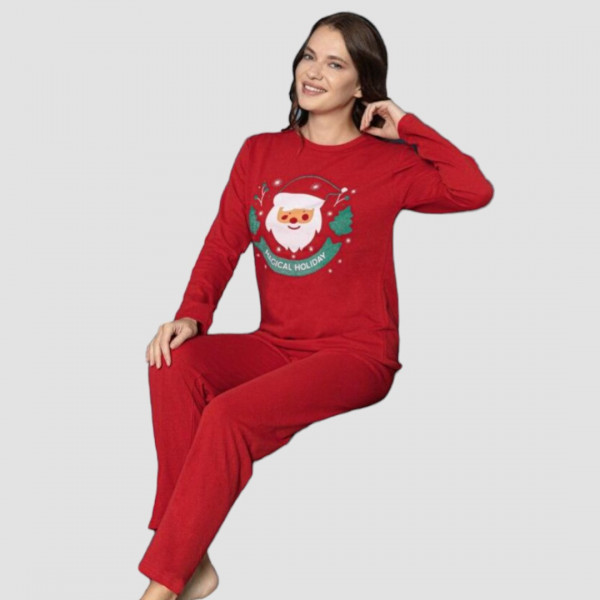 Pijamania Γυναικεία Κόκκινη Χριστουγεννιάτικη Βαμβακερή Πιτζάμα με σχέδιο Άγιο Βασίλη 3184 Magical Holiday