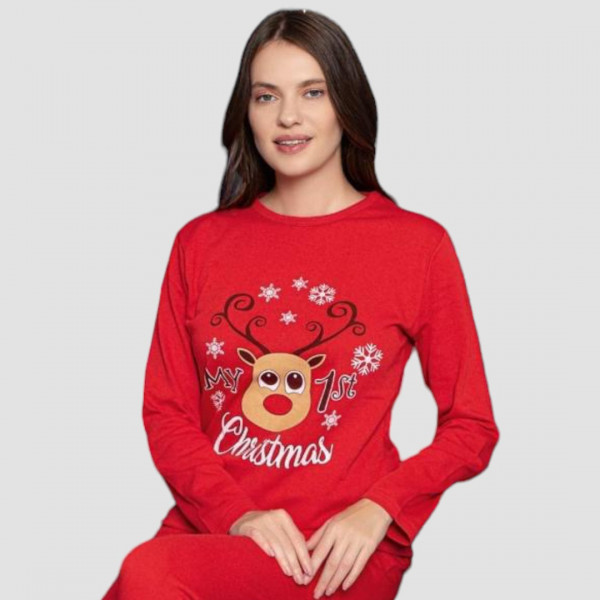 Pijamania Γυναικεία Κόκκινη Χριστουγεννιάτικη Βαμβακερή Πιτζάμα με Τάρανδο Rudolf Merry Christmas 3167