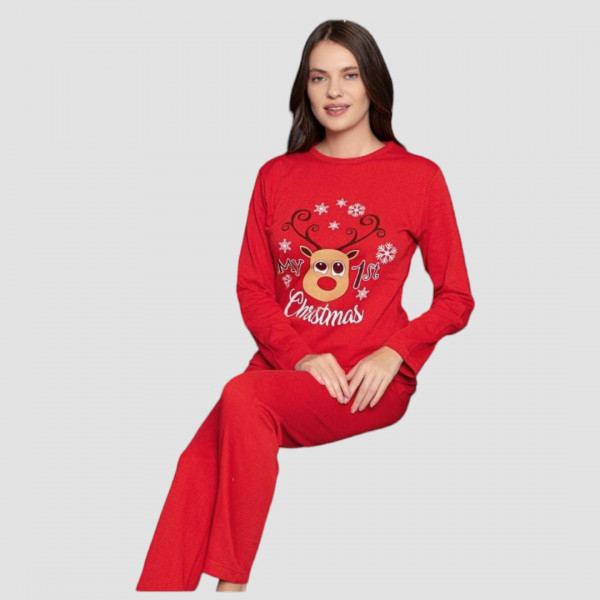 Pijamania Γυναικεία Κόκκινη Χριστουγεννιάτικη Βαμβακερή Πιτζάμα με Τάρανδο Rudolf Merry Christmas 3167