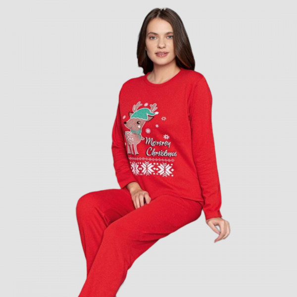 Pijamania Γυναικεία Κόκκινη Χριστουγεννιάτικη Βαμβακερή Πιτζάμα Merry Christmas Rudolf με κασκόλ 3170
